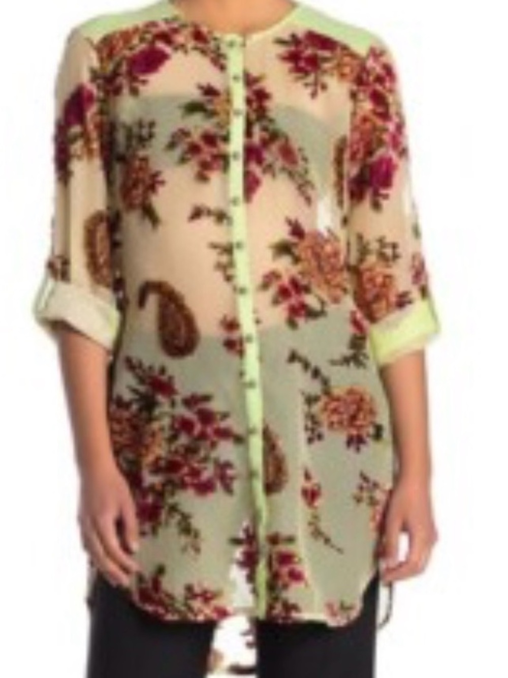 Aratta Cream Sheer Floral Paisley Button-Front Tunic with Mint Trim